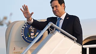US Secretary of State Marco Rubio boards a military airplane prior to departing from King Abdulaziz International Airport in Jeddah, Saudi Arabia, Wednesday, March 12, 2025