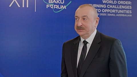 Azerbaijani President Ilham Aliyev at the Global Baku Forum in Baku, 13 March 2025