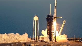 A SpaceX Falcon 9 rocket, with a crew of four aboard the Crew Dragon spacecraft, lifts off on a mission to the International Space Station, Friday, March 14, 2025.