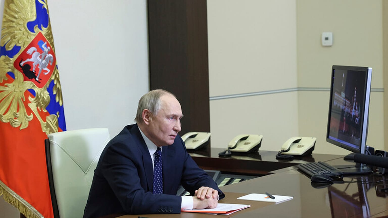 Russian President Vladimir Putin chairs a Security Council meeting at the Novo-Ogaryovo residence outside Moscow, Russia, Friday, March 14, 2025