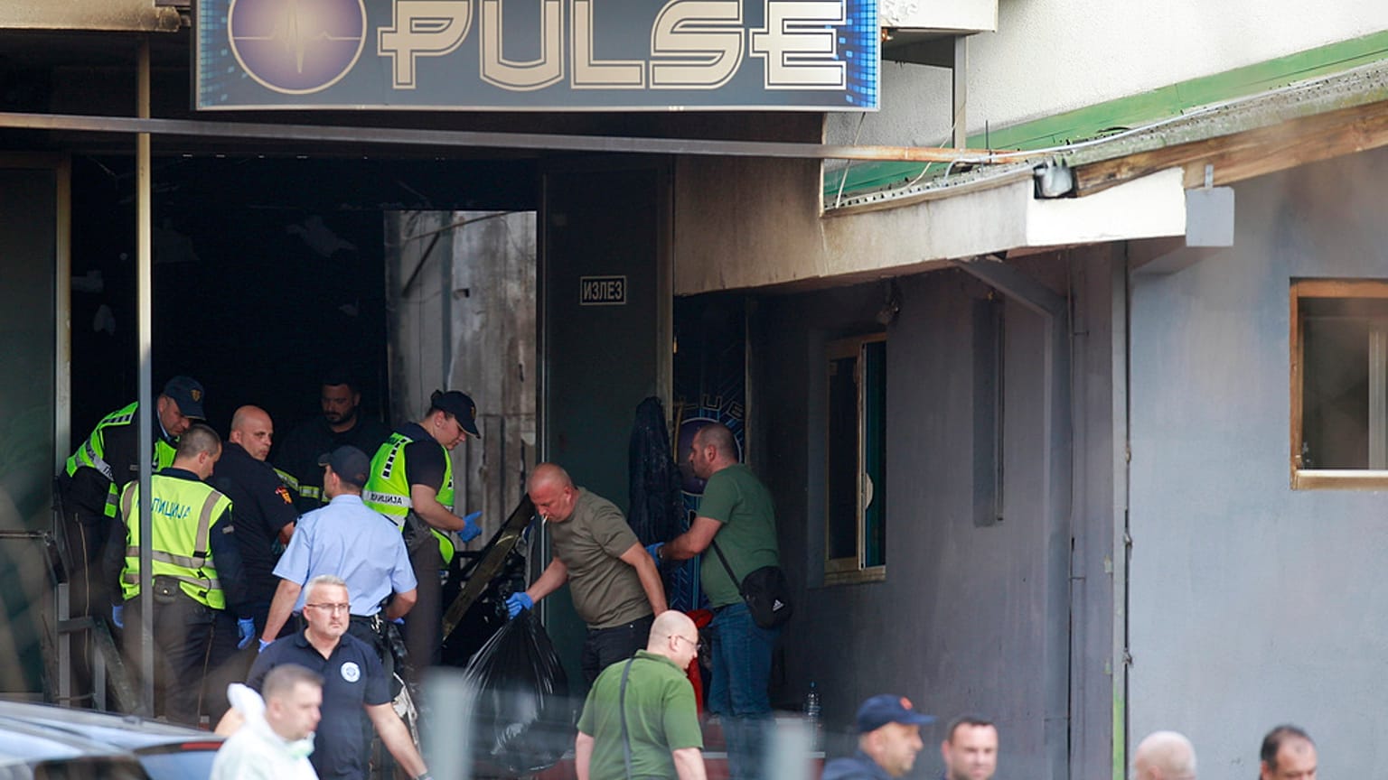 Police officers at nightclub in Kocani, North Macedonia, Sunday, March 16, 2025, following a massive fire in the nightclub early Sunday.