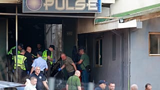 Police officers at nightclub in Kocani, North Macedonia, Sunday, March 16, 2025, following a massive fire in the nightclub early Sunday.