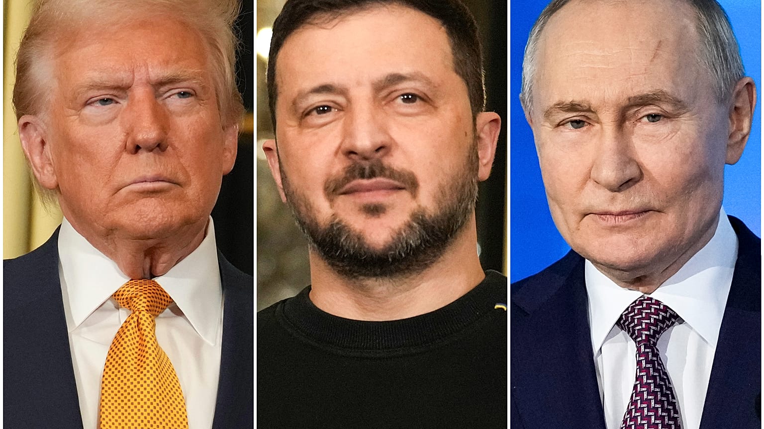 Da sinistra il presidente Usa, Donald Trump, quello ucraino, Voldymyr Zelensky, e il presidente russo Vladimir Putin
