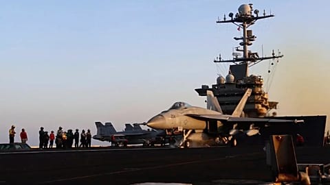 This image taken from video provided by the U.S. Navy shows an aircraft launching from the USS Harry S. Truman in the Red Sea before airstrikes in Sanaa, Yemen, March 15, 2025