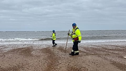 HM Coastguard retrieval of nurdles underway.