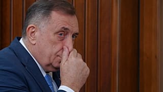 Bosnian Serb leader Milorad Dodik gestures during a news conference in Banja Luka, 12 March 2025