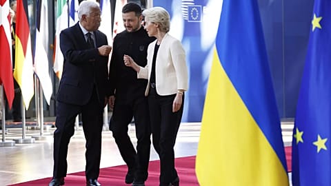 European Council President Antonio Costa, Ukraine's President Volodymyr Zelenskyy and European Commission President Ursula Von der Leyen arrive for an EU Summit. 