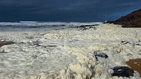 Cette image tirée d'une vidéo fournie par Australian Broadcasting Corp. montre de la mousse s'échouer sur la plage lundi 17 mars 2025, à Waitpinga, près d'Adélaïde.