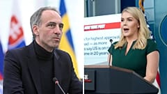 Beyaz Saray Fransız milletvekilinin Özgürlük Heykeli'nin iadesi çağrısını eleştirdi - Resimde: Raphaël Glucksmann (solda); Beyaz Saray Basın Sekreteri Karoline Leavitt