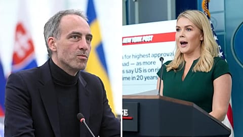 White House slams French MEP’s call to return Statue of Liberty - Pictured: Raphaël Glucksmann (left); White House press secretary Karoline Leavitt