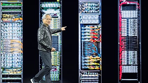 CEO Jensen Huang talks during the keynote address of Nvidia GTC Tuesday, March 18, 2025, in San Jose, Calif. 