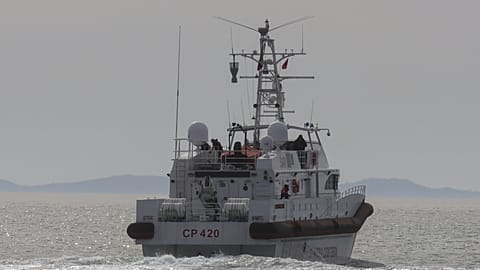 An Italian Coast Guard vessel carrying migrants from the asylum processing centres in Albania back to Italy, leaves the Albanian port of Shengjin on 1 February, 2025.. 