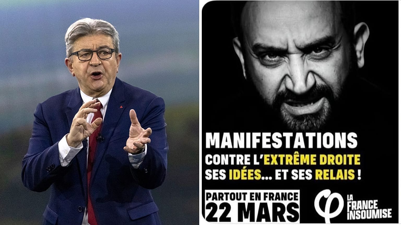 Derrière l'affiche qui a provoqué un scandale d'antisémitisme dans la politique française - Photo : Jean-Luc Mélenchon (à gauche) avec l'image incriminée