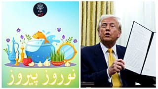 دونالد ترامپ در زمان امضای فرمان اجرایی (راست) و پوستر تبریک وزارت خارجه آمریکا برای نوروز (چپ)