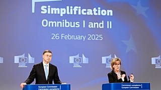 EU commissioners Valdis Dombrovskis, on the left, and Maria Luís Albuquerque