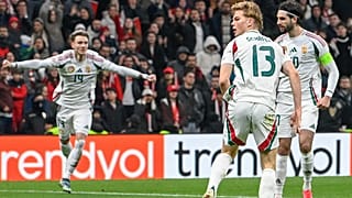 A gólszerző Schäfer András (13), Bolla Bendegúz és Szoboszlai Dominik az egyenlítő gól után az isztambuli török-magyar NL-mérkőzésen 2025.03.20-án.