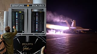 لحظة استعداد الطائرات الأمريكية لقصف مواقع تابعة للحوثيين(يمين الشاشة)، مسافرون يتحققون من الرحلات المغادرة في مطار بن غوريون الدولي في تل أبيب(يسار الشاشة)، إسرائيل
