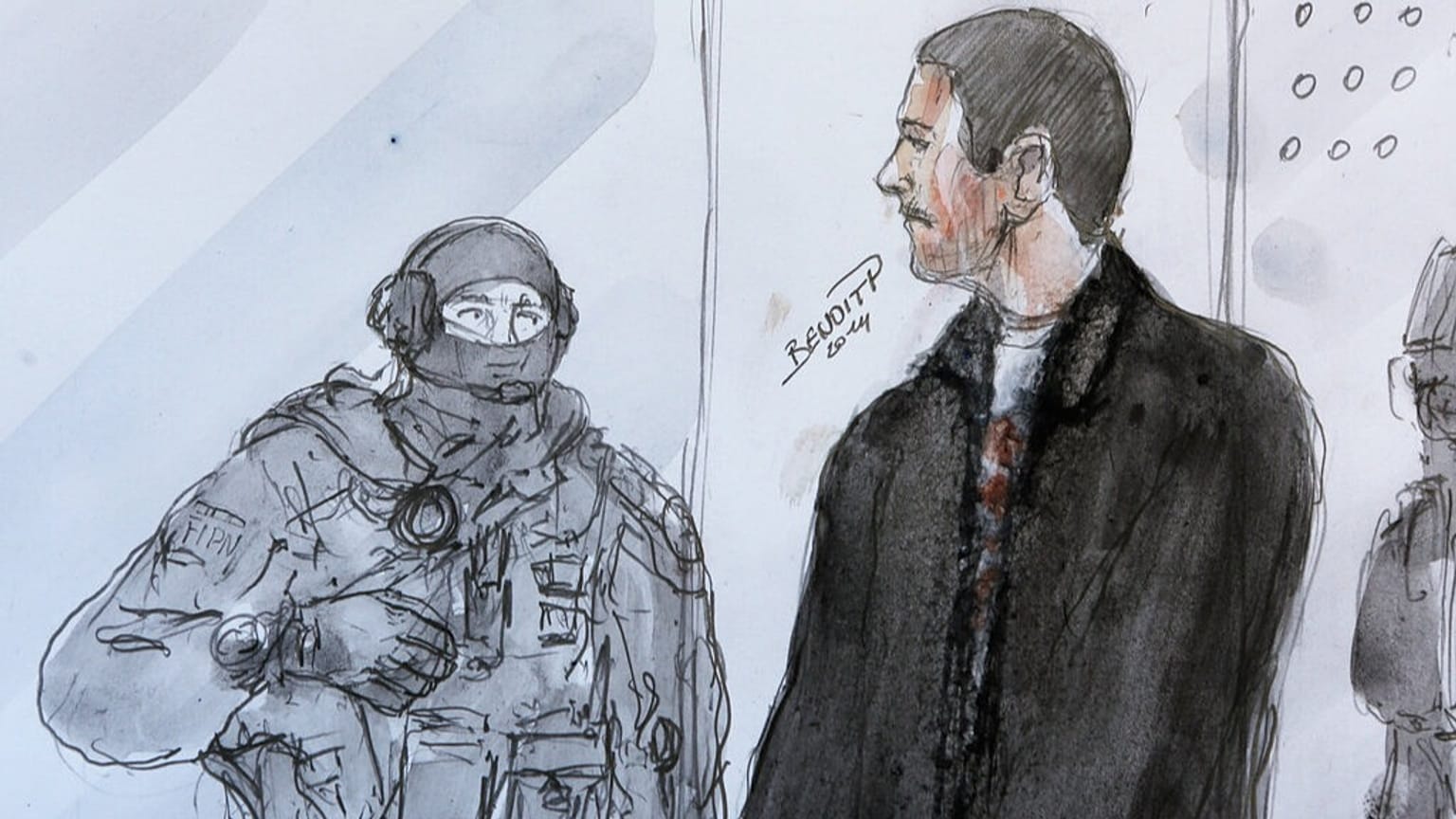 Esboço artístico de Mehdi Nemmouche no Tribunal de Recurso de Versalhes pelo ataque ao Museu Judaico em Bruxelas, na quinta-feira, 12 de junho de 2014.