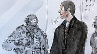 Croquis d'artiste représentant Mehdi Nemmouche à la Cour d'appel de Versailles, pour l'attentat du Musée juif de Bruxelles jeudi 12 juin 2014.