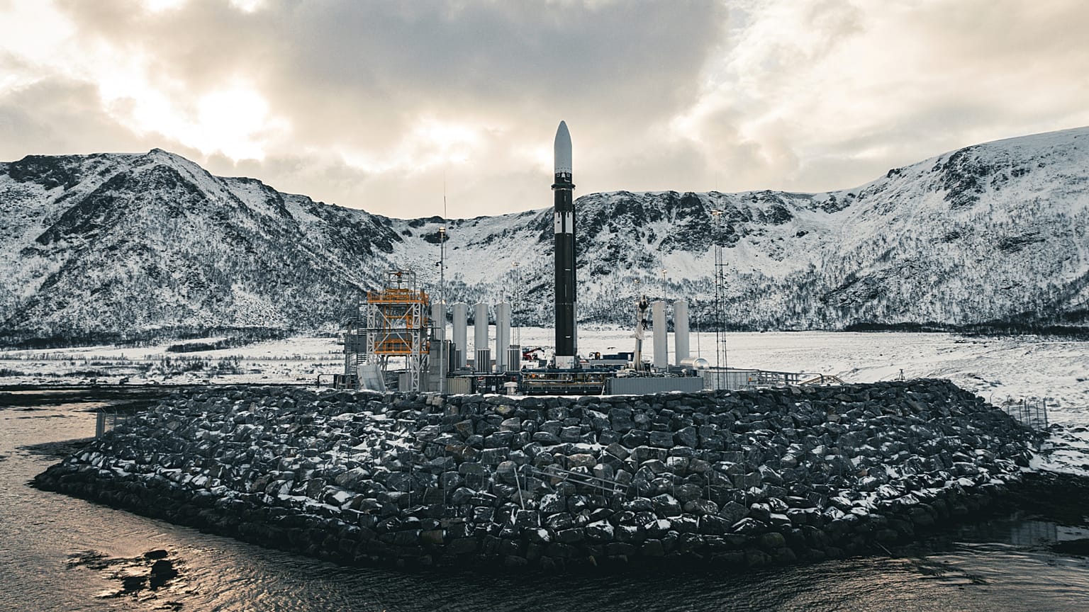 Isar Aerospace Launch Vehicle 'Spectrum' stands on a launchpad at Andøya Spaceport in Nordmela, 20 March, 2025