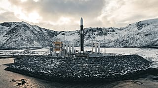 Isar Aerospace Launch Vehicle 'Spectrum' stands on a launchpad at Andøya Spaceport in Nordmela, 20 March, 2025