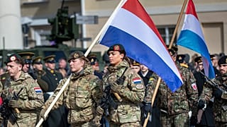 Soldiers of the Dutch Army attend a celebration for the anniversary of Lithuania's NATO membership in Vilnius, 29 March, 2024