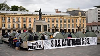 FILE - Residents of the Catatumbo coca-growing region camp at Bolivar Square in Bogota, Colombia, 29 Jan 2025.