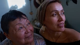 Shaman mother and daughter, Therecie Sanimuinaq Pedersen (left) and Aviaja Rakel Sanimuinaq pose at Aviaja’s Nuuk studio.