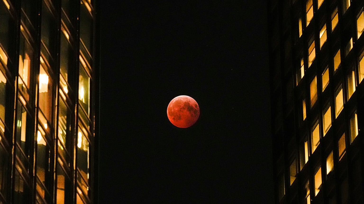Eine totale Mondfinsternis, bekannt als "Blutmond", zwischen den Wolkenkratzern in der Innenstadt von Chicago, am Freitag, dem 14. März 2025
