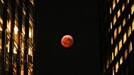 Eine totale Mondfinsternis, bekannt als "Blutmond", zwischen den Wolkenkratzern in der Innenstadt von Chicago, am Freitag, dem 14. März 2025