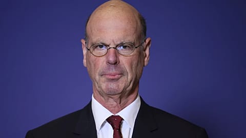 Newly named finance minister Eric Lombard poses after the handover ceremony Monday, Dec. 23, 2024 in Paris. 