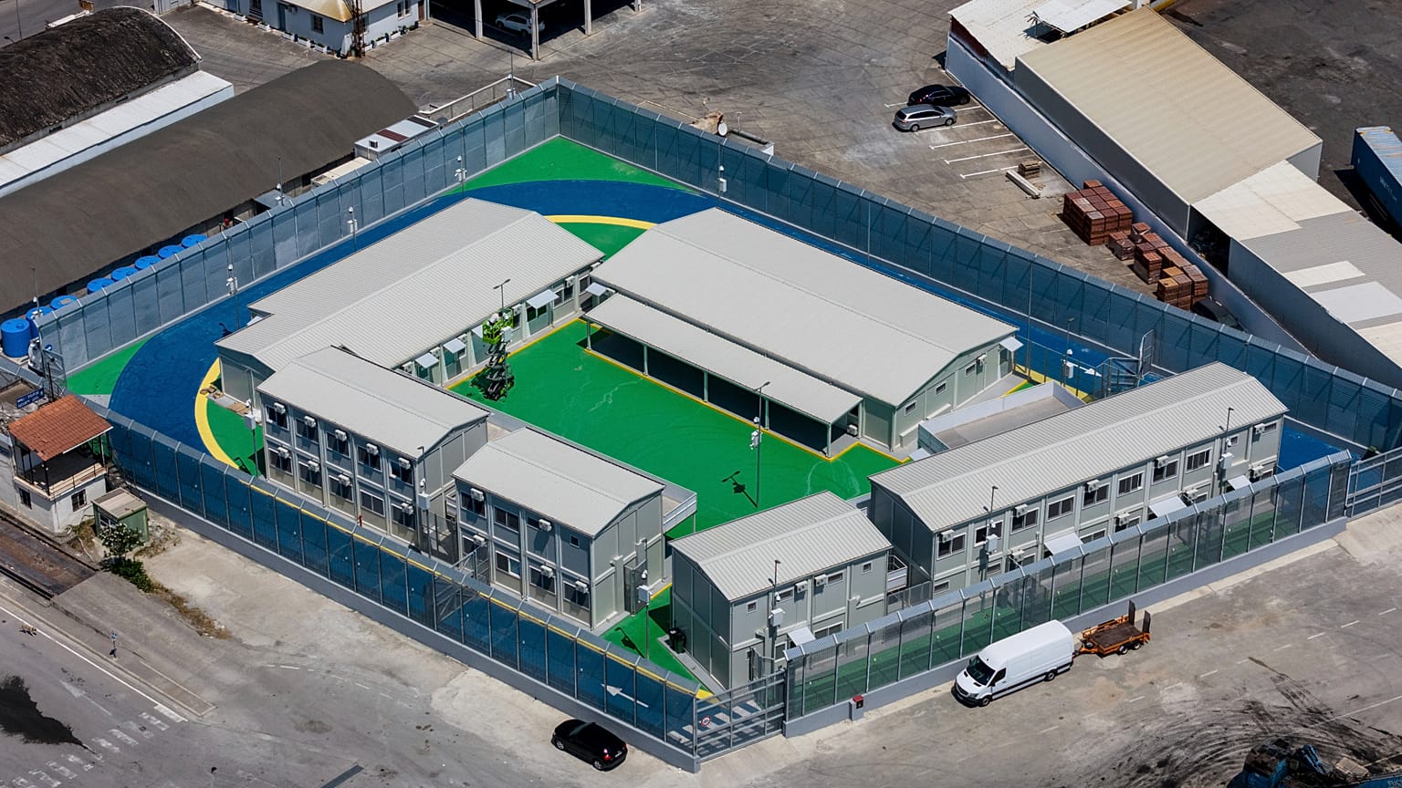 A migrant centre seen from above in the port of Shengjin in northwest Albania, 25 July, 2024