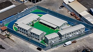 A migrant centre seen from above in the port of Shengjin in northwest Albania, 25 July, 2024