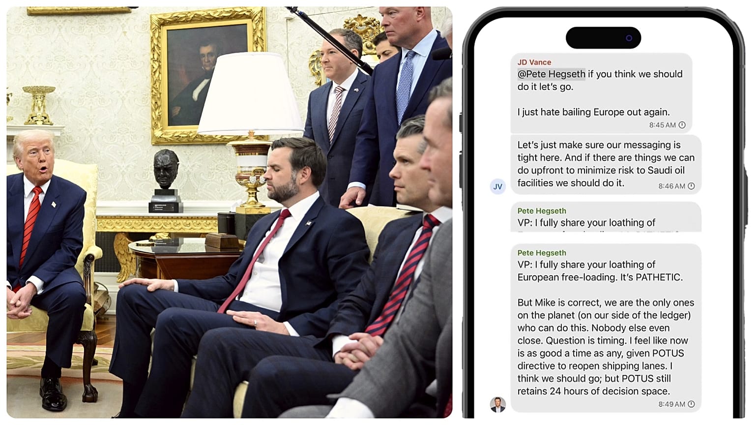 Donald Trump, JD Vance, Pete Hegseth, Mike Waltz, és a Signal-chat egyik oldala