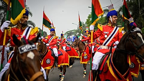 Adorned horses take part in the Eid Joy procession at Sher-e-Bangla Nagar in Dhaka, Bangladesh, Monday, March 31, 2025.