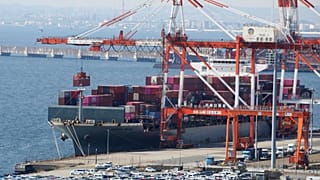 A container ship is loaded and unloaded at a container terminal at a port of Kawasaki near Tokyo. 9 March 2022.