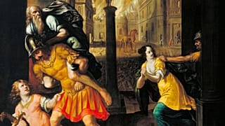 Énée et sa famille fuyant Troie en flammes, Henry Gibbs, 1654.
