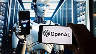 OpenAI logosu, 8 Aralık 2023 Cuma günü Boston'da, ChatGPT'nin Dall-E metinden görüntüye modeli tarafından oluşturulan bir bilgisayar ekranındaki görüntü ile bir cep telefonunda görüntülenirken görülüyor