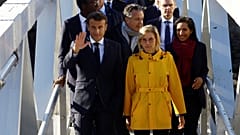 Emmanuel Macron walks with French Minister for Energy Transition Agnes Pannier-Runacher during a visit to the Saint-Nazaire offshore wind farm, September 2022.