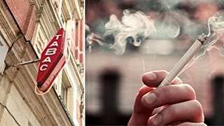 Fumar cigarrillos y el cartel de un estanco