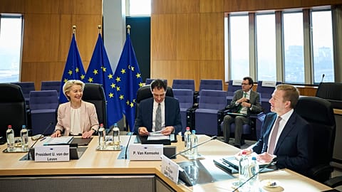 (L-R) European Commission president Ursula von der Leyen, cabinet Peter Van Kemseke, and Oliver Zipse, CEO of BMW at a 'strategic dialogue' meeting on 3 March 2025