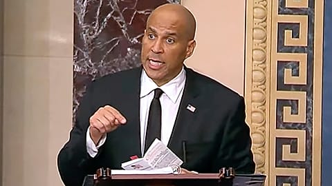 In this image provided by Senate Television, Sen, Cory Booker, D-N.J. speaks on the Senate floor, Tuesday morning, April 1, 2025.