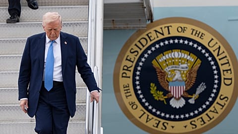 President Donald Trump arrives on Air Force One at Palm Beach International Airport, Friday, March 28, 2025, in West Palm Beach, Fla. 