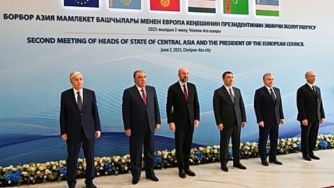 Central Asian leaders meet with former European Council president Charles Michel near the Issyk-Kul lake, Kyrgyzstan, Friday, June 2, 2023. 