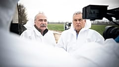 Nagy István agrárminiszter Orbán Viktor miniszterelnök társaságában ellenőrzi a ragadós száj-és körömfájás megfékezésével kapcsolatos munkát Kisbajcson