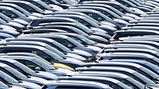 New German cars are stored at a logistic center in Duisburg, Germany. 27 March 2025.
