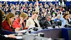 German MEP and Greens/EFA grou co-chair Terry Reintke (centre) during a European Parliament plenary vote on 1 April 2025