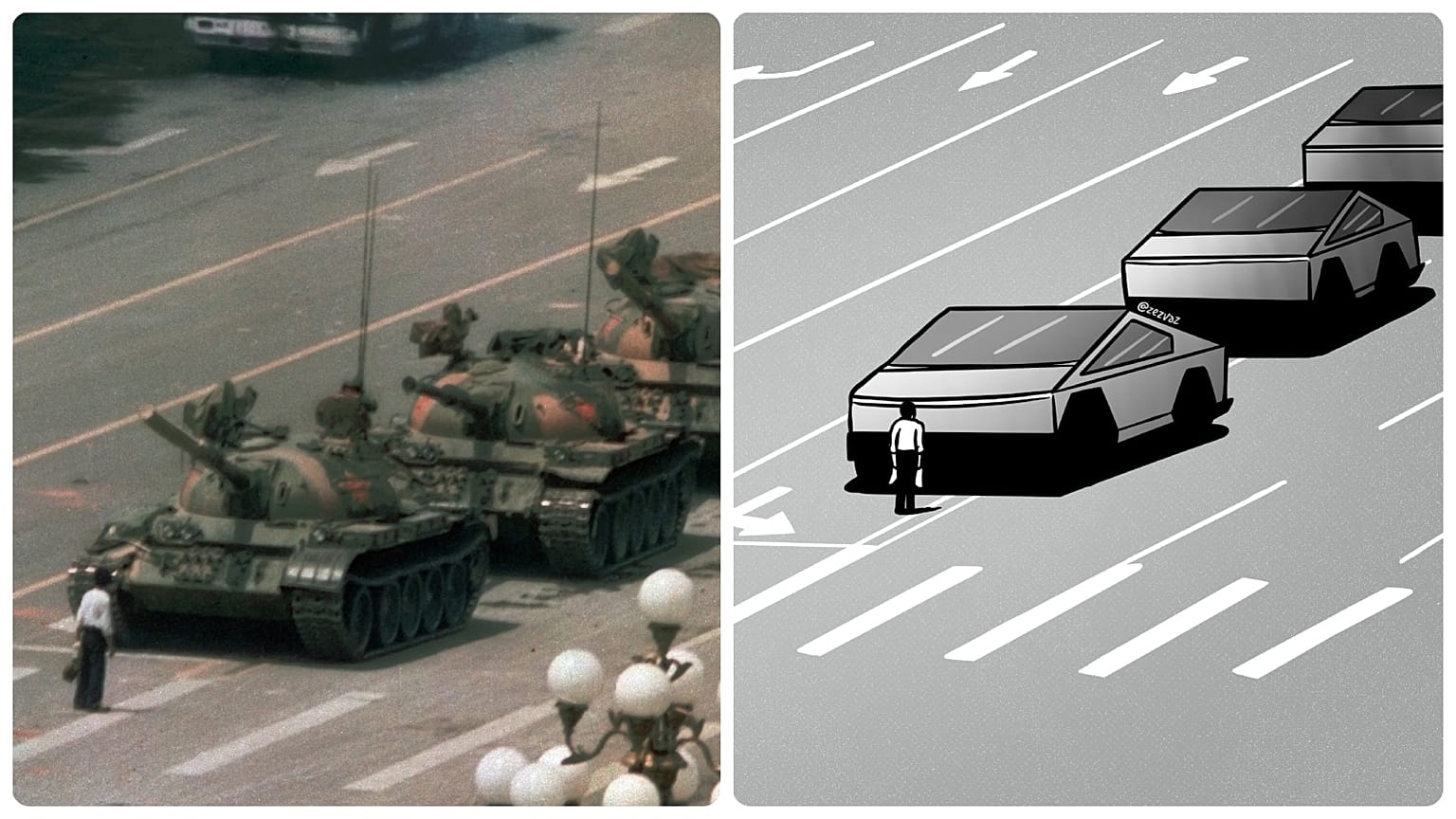 Egy tüntető a kínai tankok előtt a Tienanmen téren 1989-ben, és egy tüntető a Cybertruckok előtt a portugál Zez Vaz karikatúráján