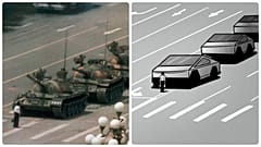 Egy tüntető a kínai tankok előtt a Tienanmen téren 1989-ben, és egy tüntető a Cybertruckok előtt a portugál Zez Vaz karikatúráján