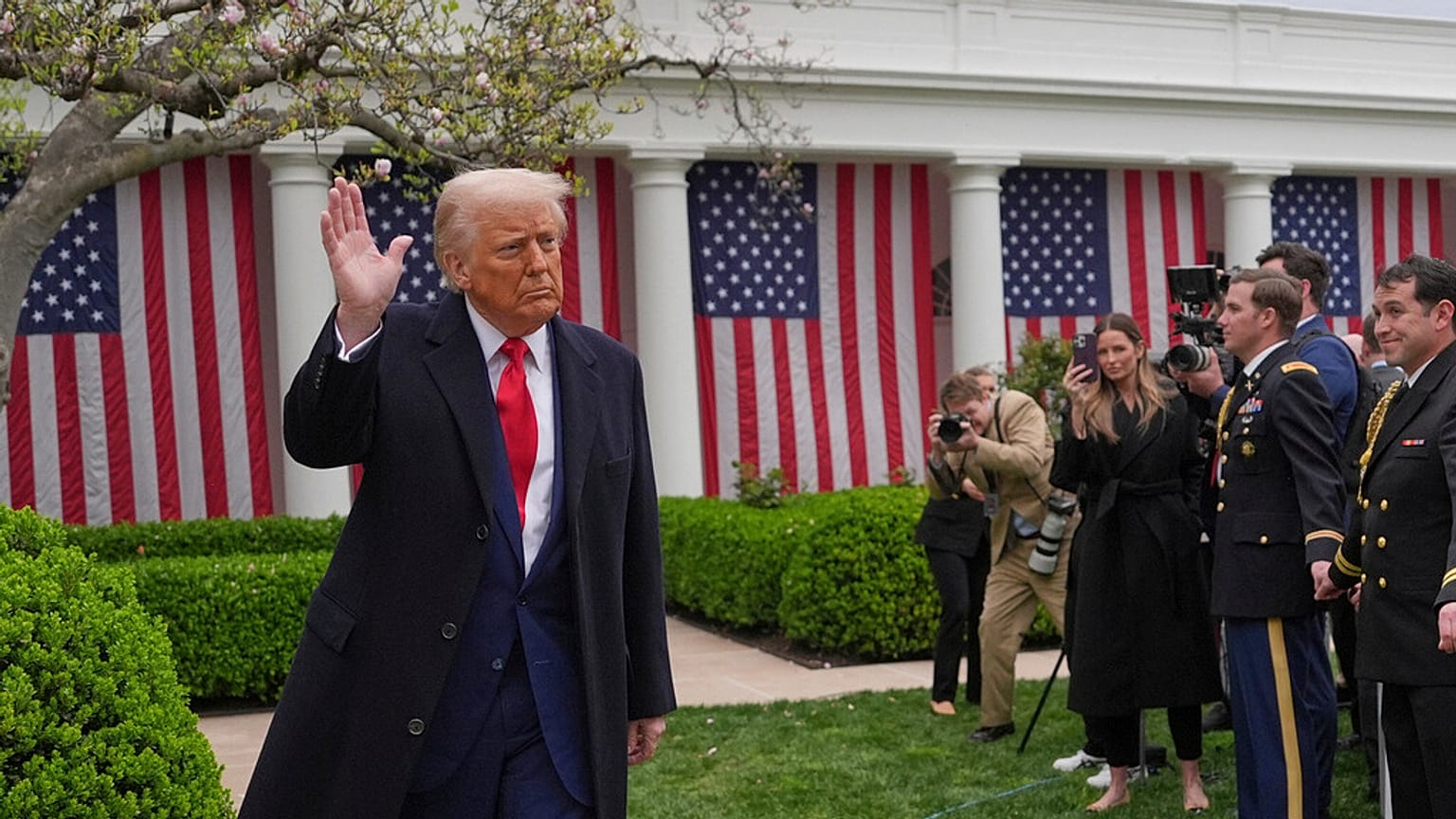 President Donald Trump departs after signing an executive order at an event to announce new tariffs in the Rose Garden of the White House, Wednesday, April 2, 2025.